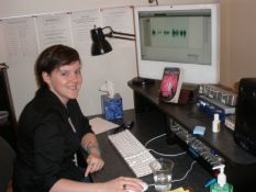 Our Engineer, Abby McCue at her console. Check out the copy of Blackout!